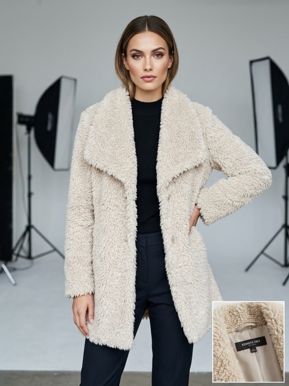 Kenneth Cole Cream Teddy Faux-Shearling Coat Size S